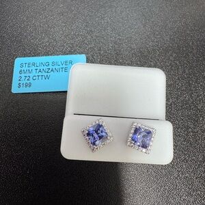Sterling Silver Tanzanite Halo Stud Earrings - Violet Blue